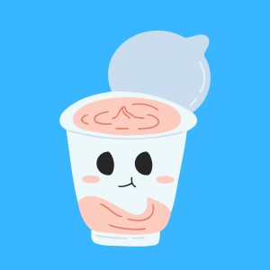 Cartoon graphic of an opened strawberry yogurt with a smiling face on a blue background.