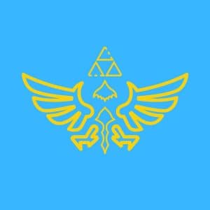 Cartoon graphic of a golden Zelda symbol on a blue background.