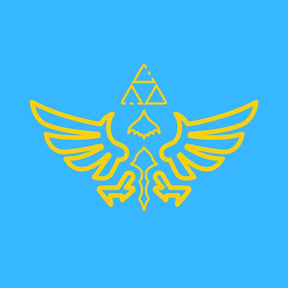 Cartoon graphic of a golden Zelda symbol on a blue background.