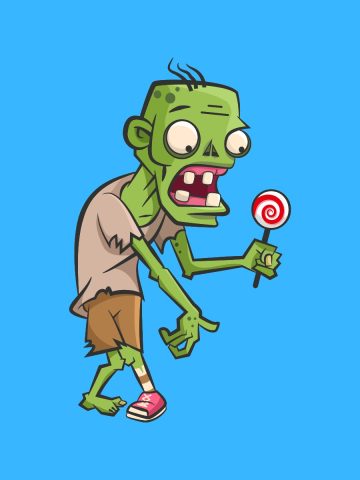 Cartoon graphic of a green zombie holding a red and white lollipop on a blue background.