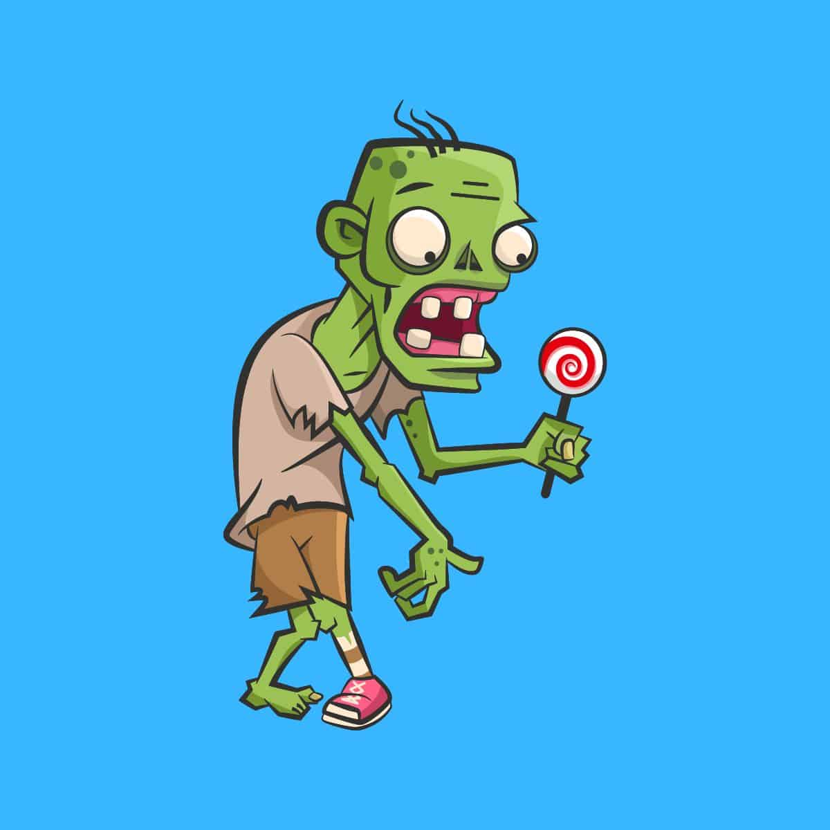 Cartoon graphic of a green zombie holding a red and white lollipop on a blue background.