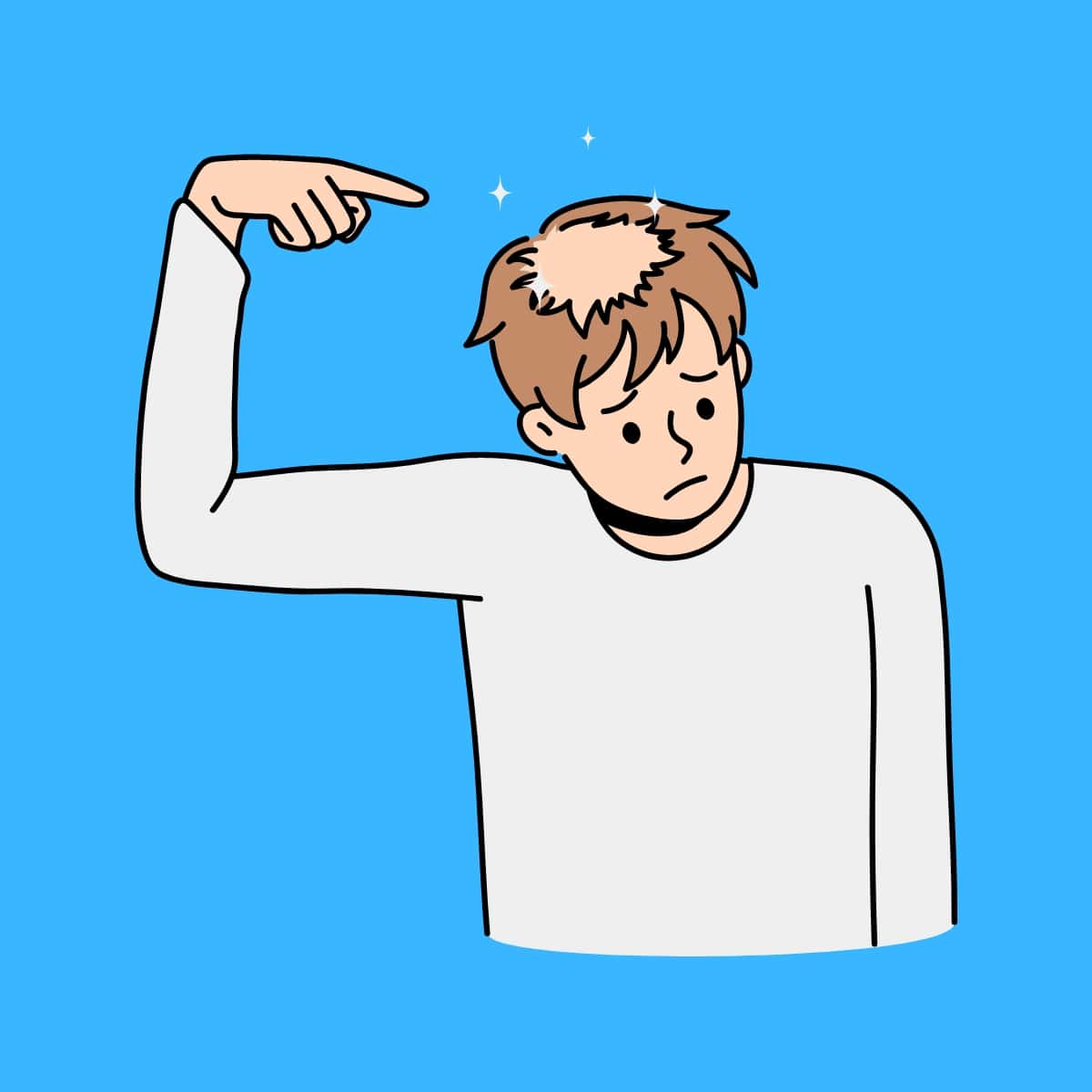 Cartoon graphic of a man pointing to a bald spot on the top of his head on a blue background.