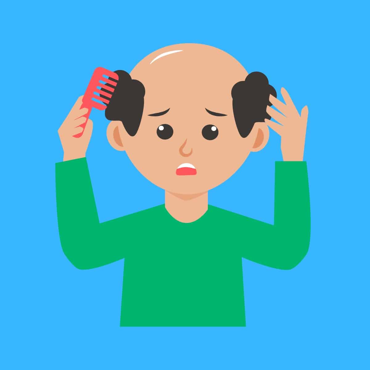 Cartoon graphic of a man combing the hair on the sides of his head where he isn't bald on a blue background.