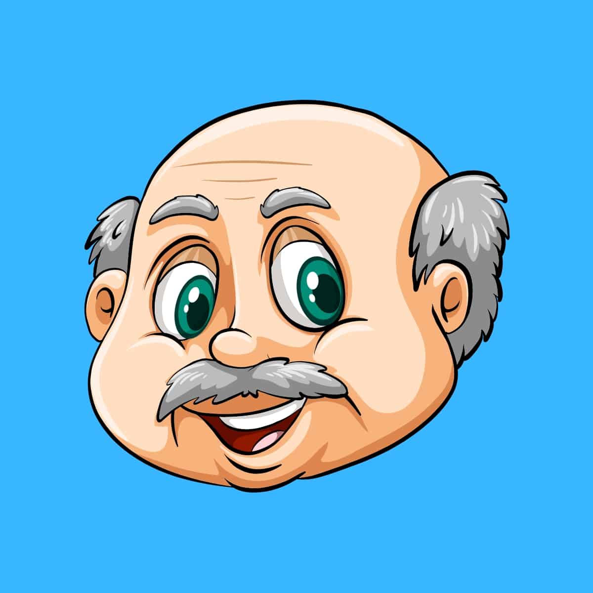 Cartoon graphic of an old man with a bald head on a blue background.