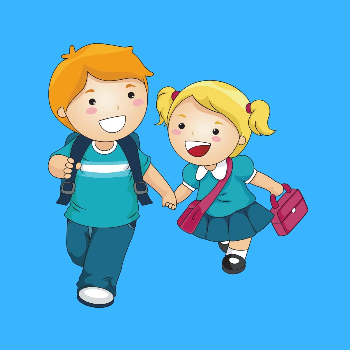 Cartoon graphic of brother and sister walking to school holding hands on a blue background.