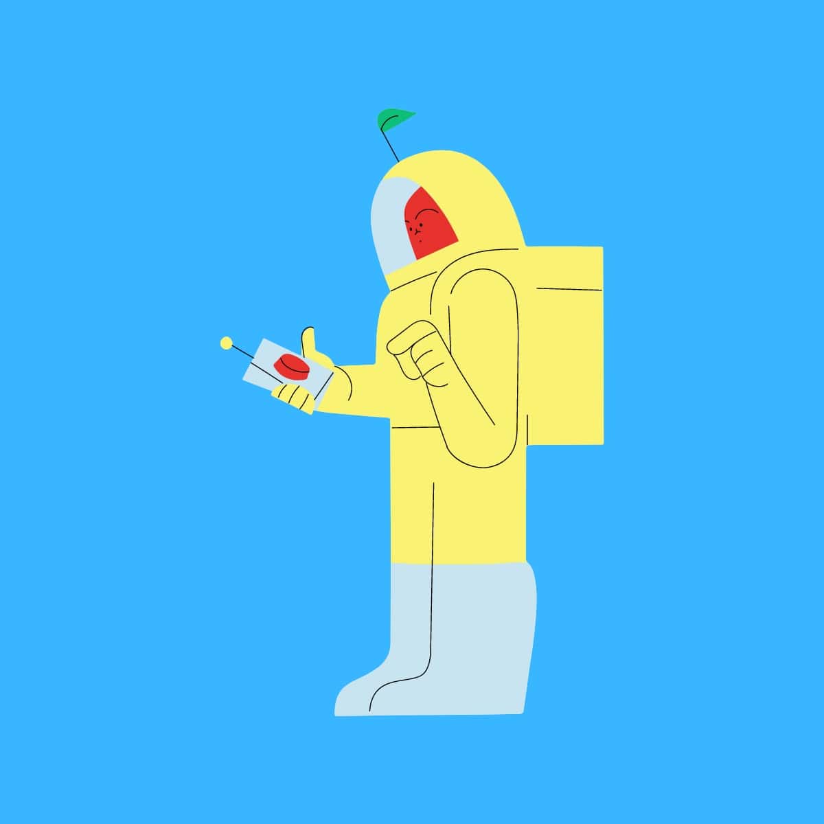 Cartoon graphic of a man with a red face in a full yellow suit about to push a red button on a blue background.