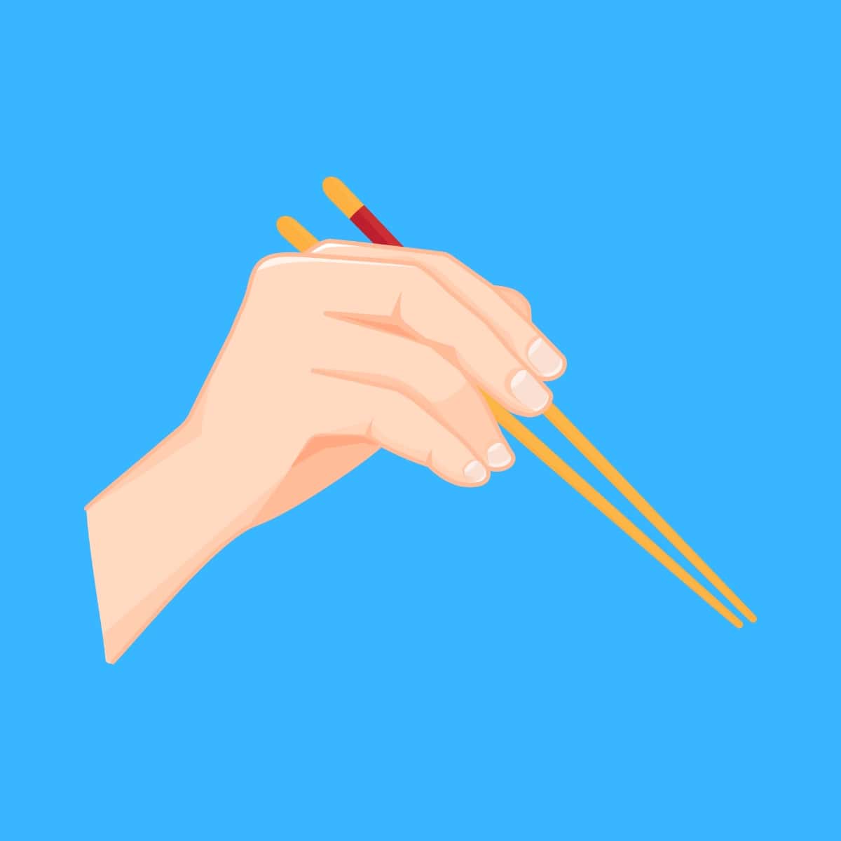 Cartoon graphic of a hand holding chopsticks on a blue background.