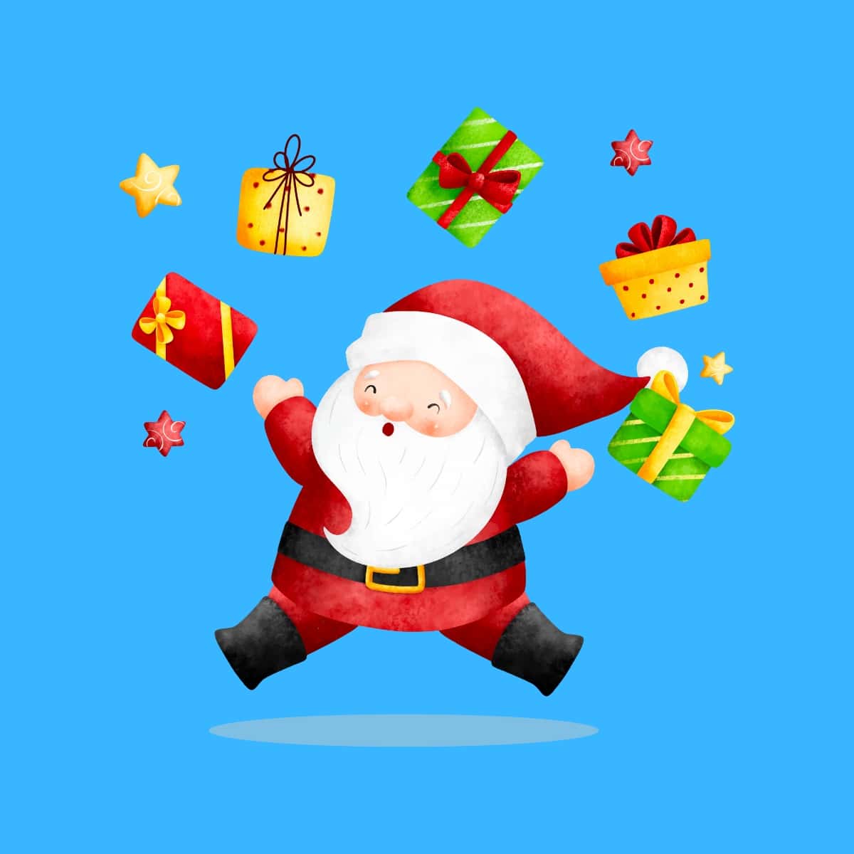 Cartoon graphic of Santa jumping with Christmas presents floating over him on a blue background.