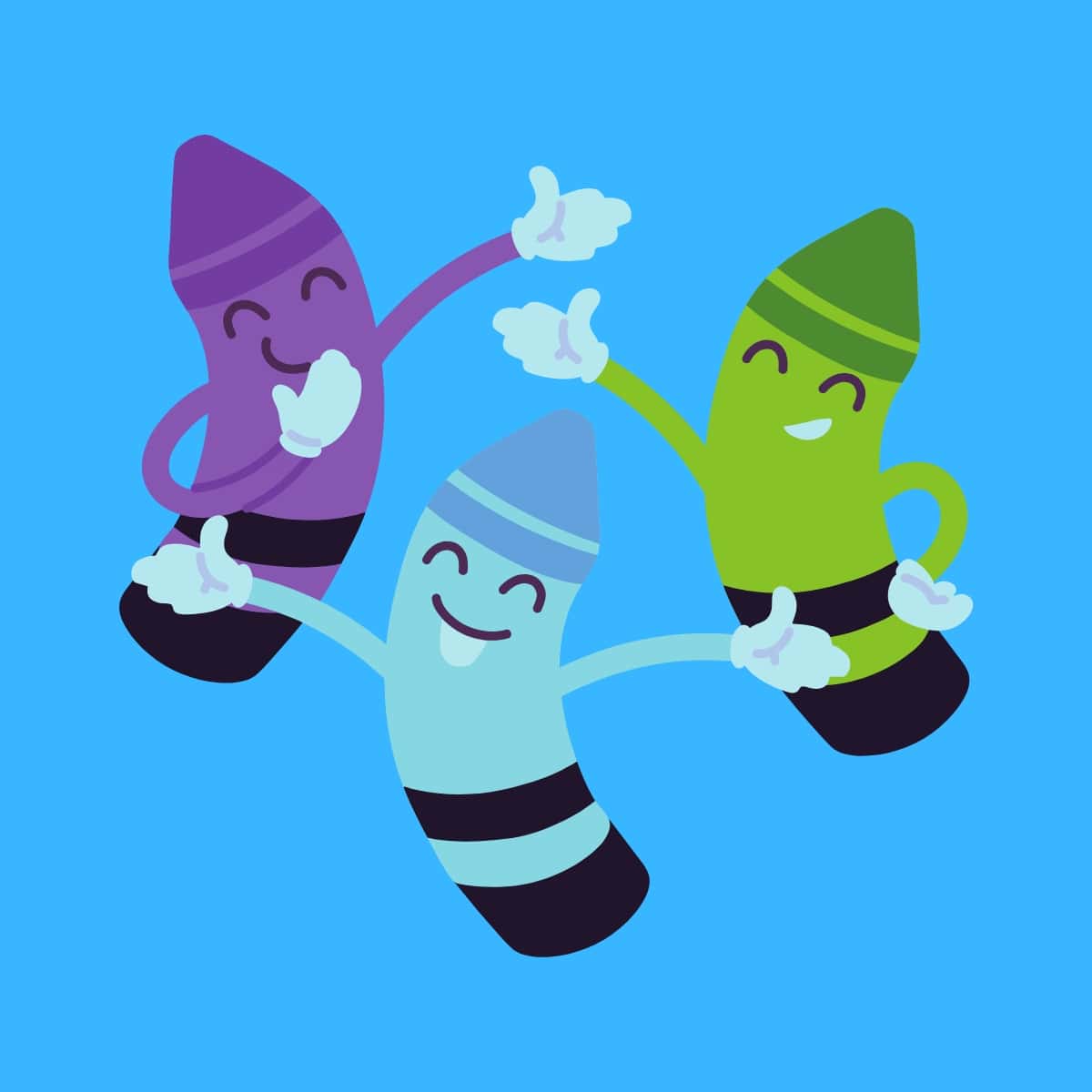 Cartoon graphic of 3 different color crayons smiling and with their arms and hands outstretched on a blue background.