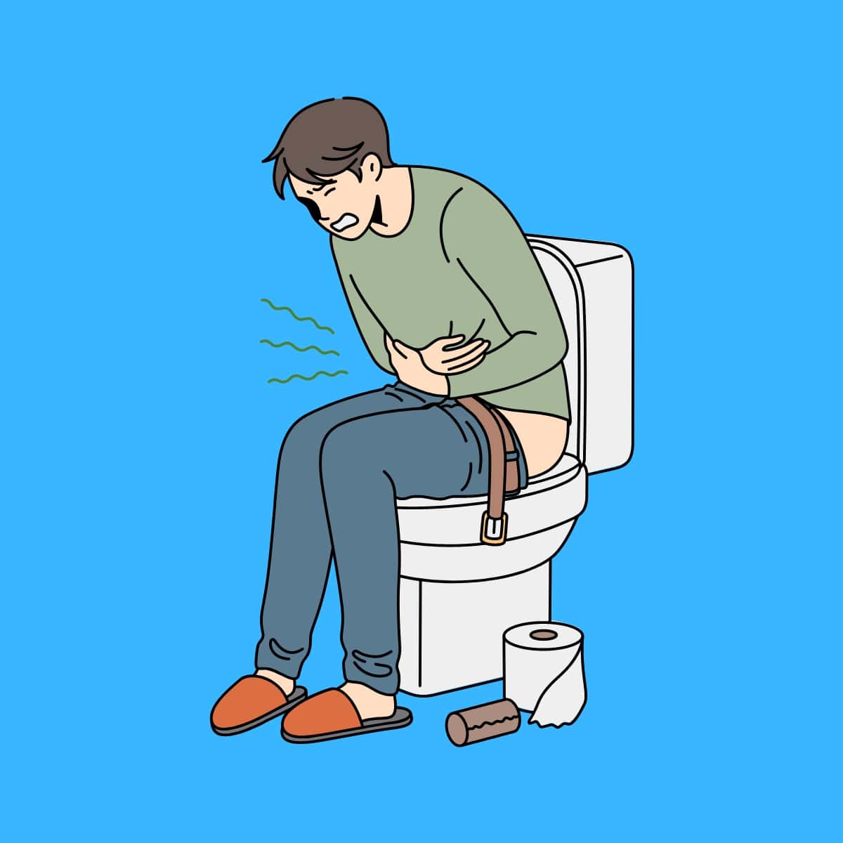 Cartoon graphic of a man holding his stomach and sitting on a toilet doing diarrhea on a blue background.