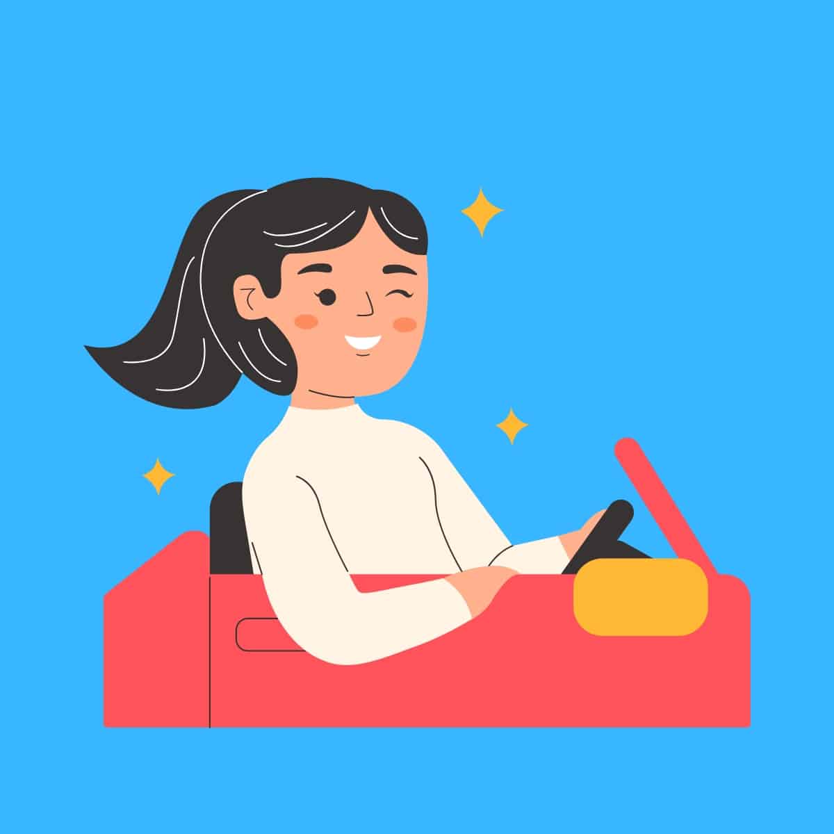 Cartoon graphic of a girl winking while driving on a blue background.