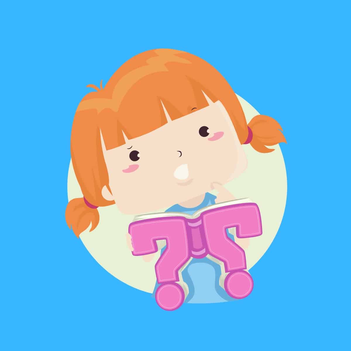 Cartoon graphic of a girl thinking about math riddles with two question marks under her face on a blue background.