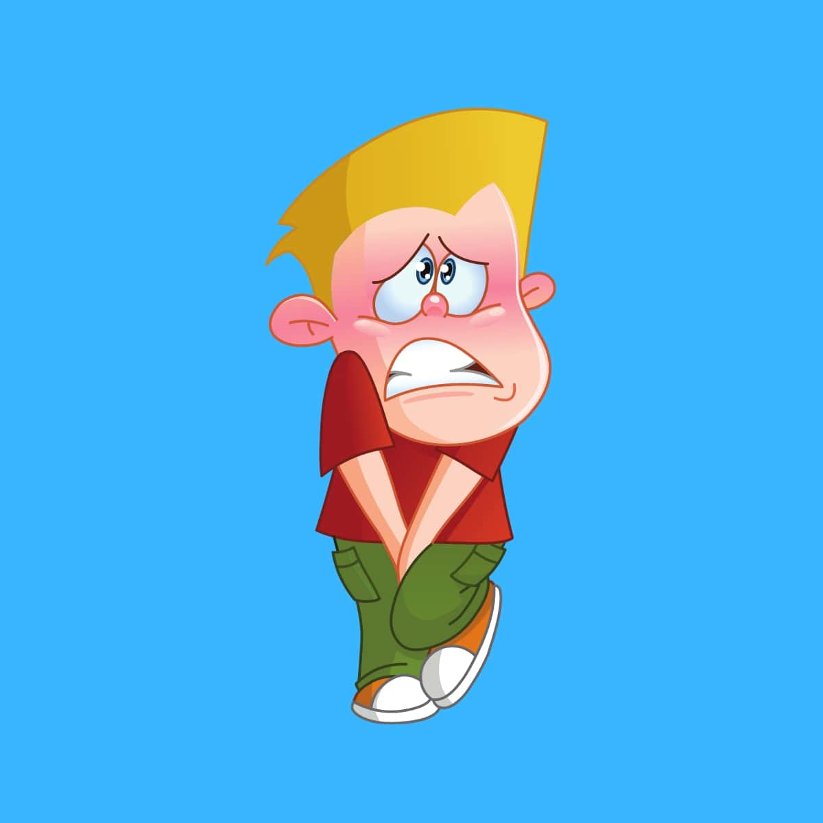 Cartoon graphic of a boy holding on to his pants looking like he really needs to pee on a blue background.