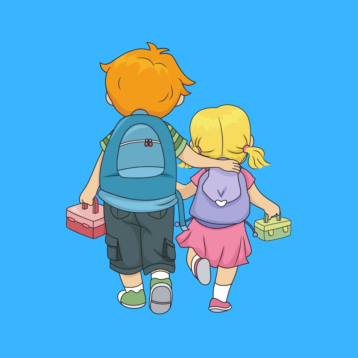 Cartoon graphic of two siblings walking together with their bags on a blue background.