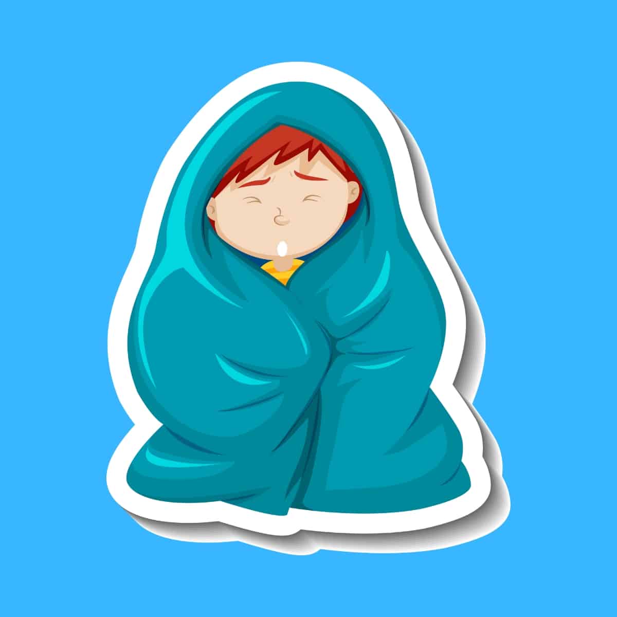 Cartoon graphic of a boy who looks cold and is wrapped up in a teal blanket on a blue background.