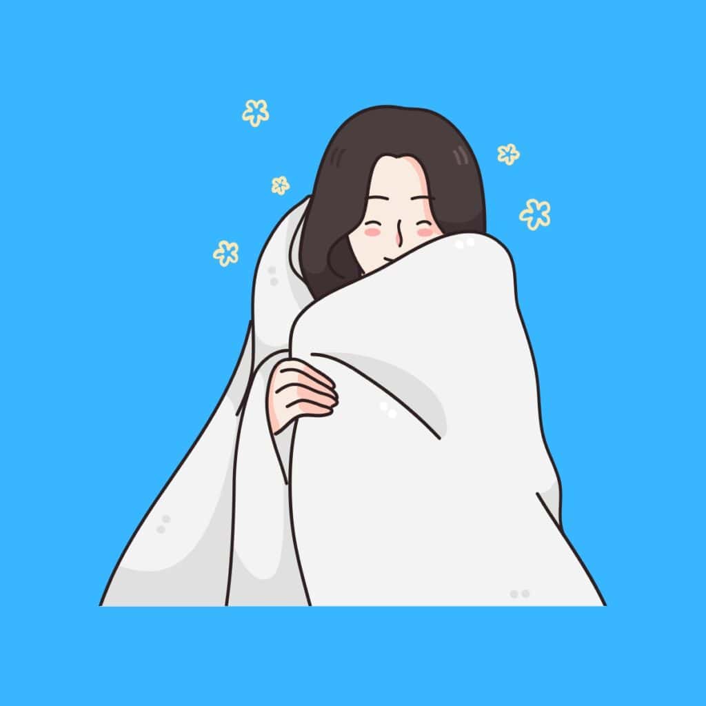 Cartoon graphic of a smiling woman wrapped in a white blanket on a blue background.