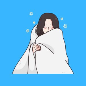 Cartoon graphic of a smiling woman wrapped in a white blanket on a blue background.