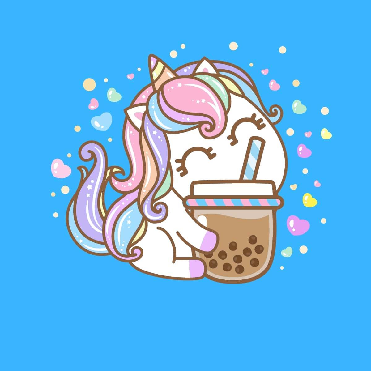 Cartoon graphic of a unicorn drinking bubble tea on a blue background.