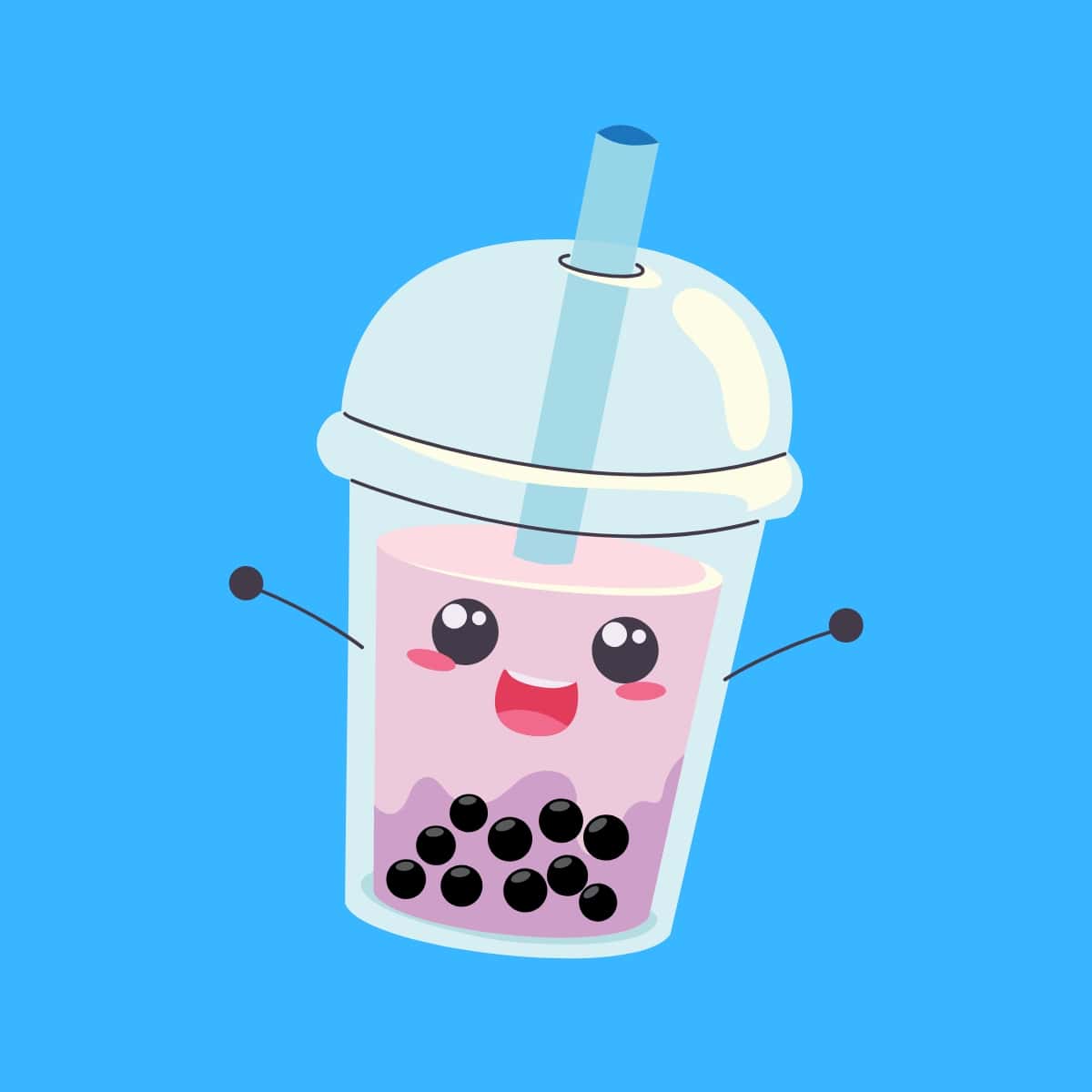 Cartoon graphic of a bubble tea smiling with its arms out on a blue background.