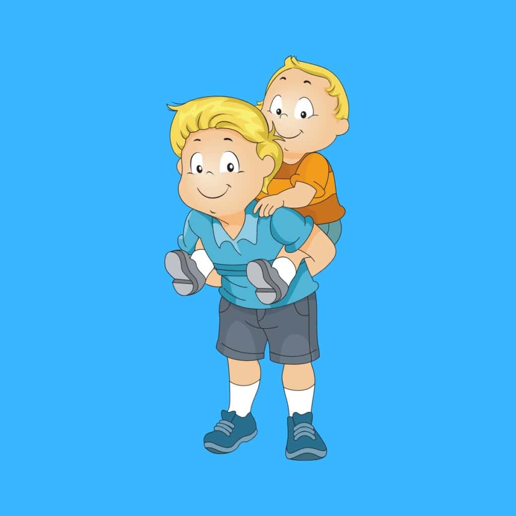 Cartoon graphic of a boy giving his brother a piggyback on a blue background.