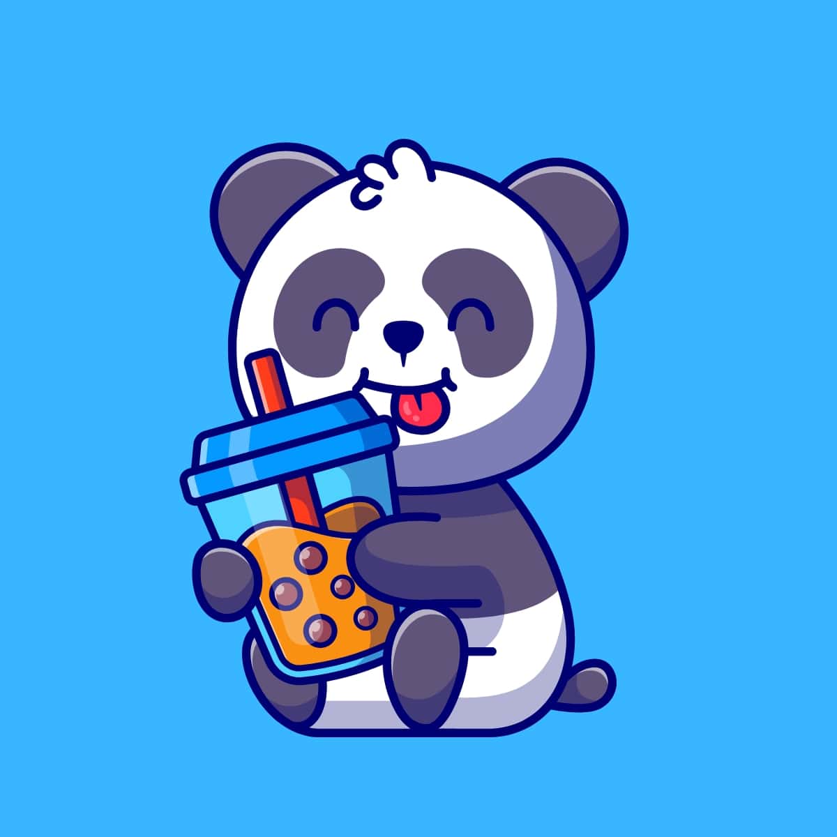 Cartoon graphic of a panda smiling and holding a boba tea on a blue background.