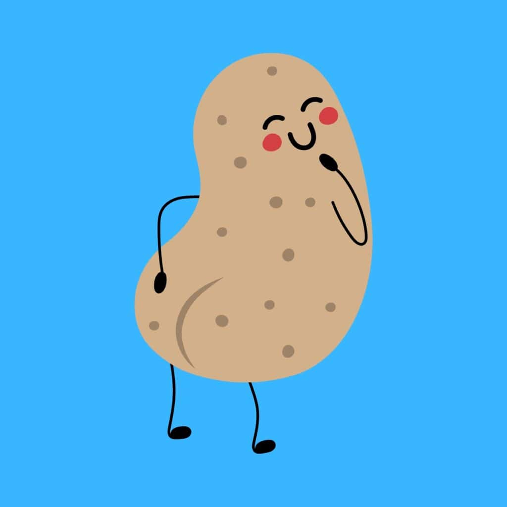 Cartoon graphic of a potato standing and laughing with its butt showing on a blue background.
