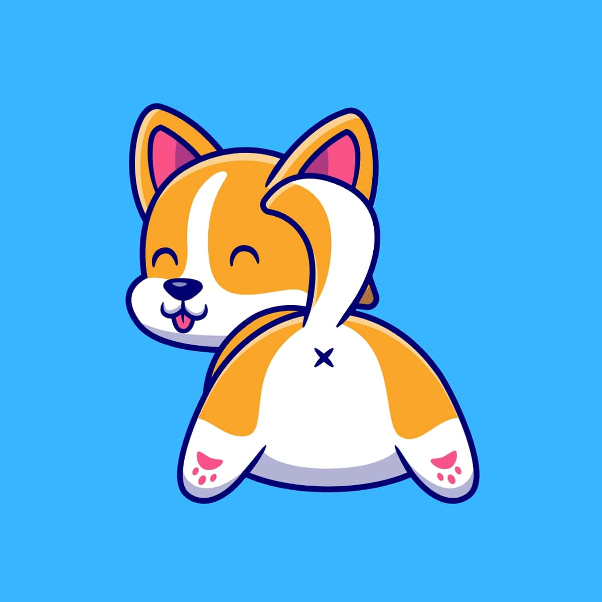 Cartoon graphic of a little dog showing its butt and smiling on a blue background.