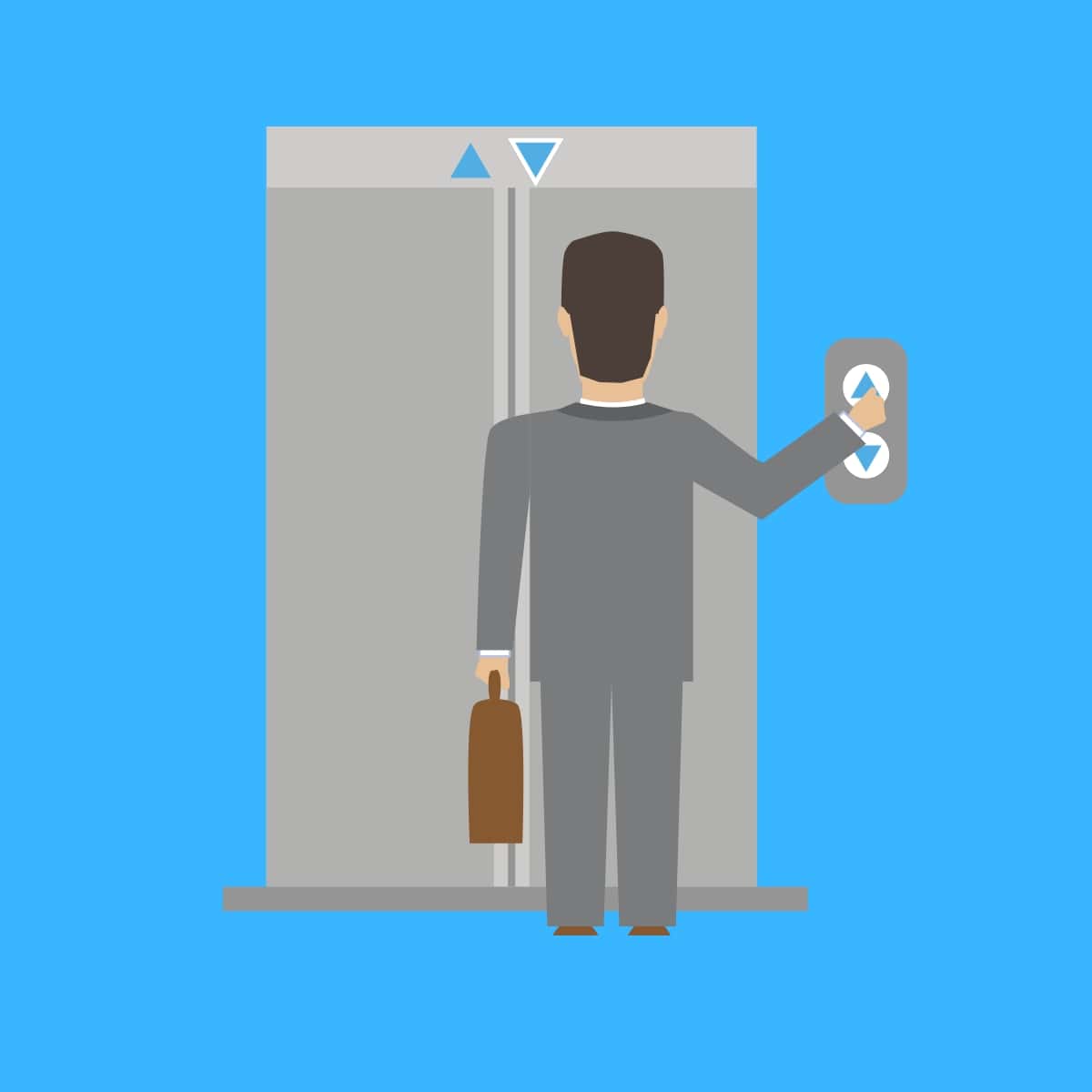 Cartoon graphic of a business man pushing a button for an elevator on a blue background.