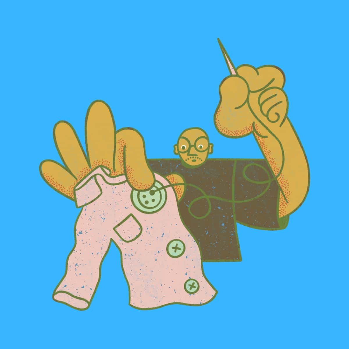 Cartoon graphic of a man sewing a button on a jersey on a blue background.