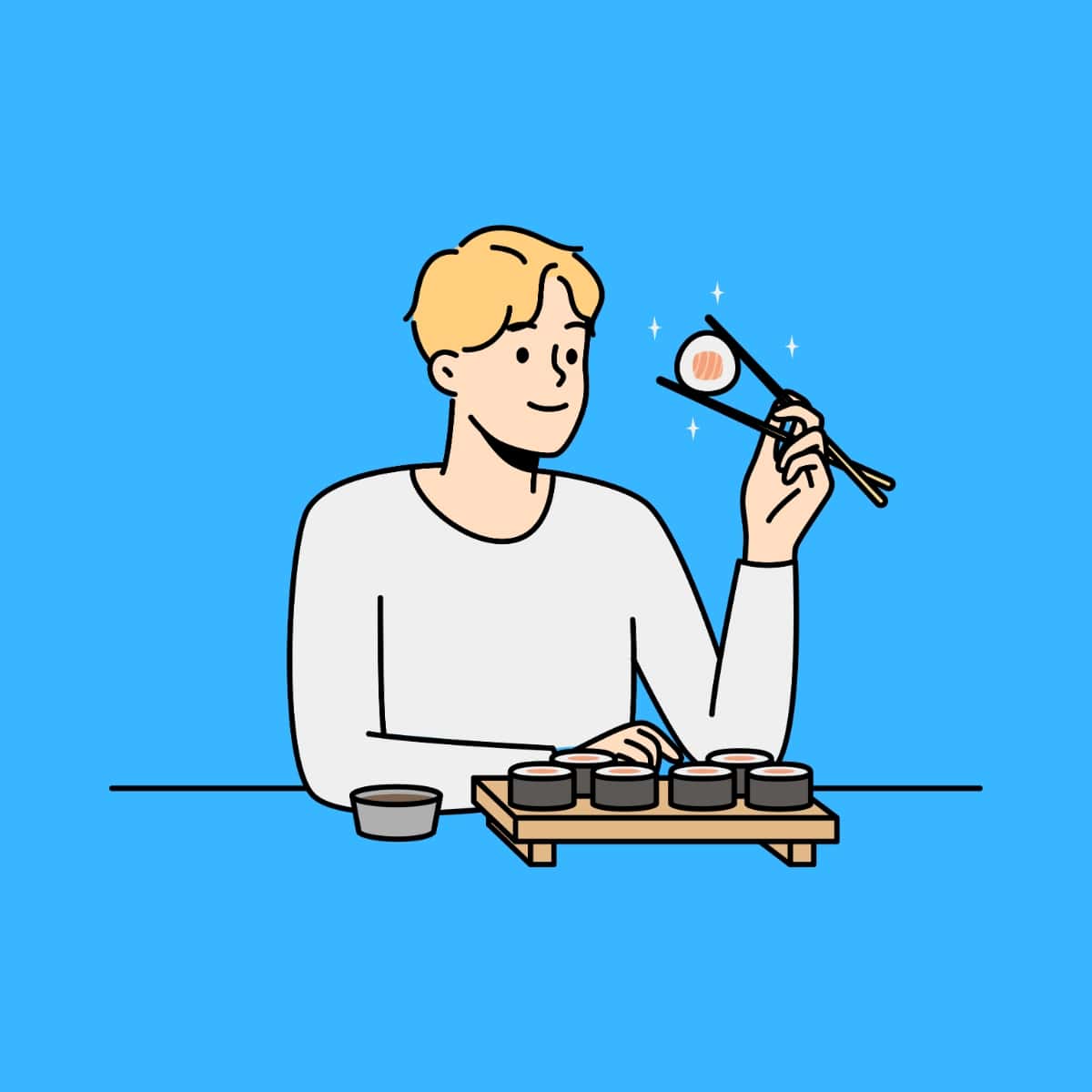 Cartoon graphic of a man with sushi holding one piece that is sparkling with chopsticks on a blue background.