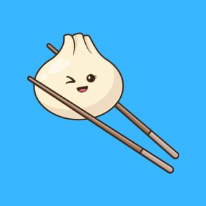 Cartoon graphic of chopsticks holding onto a dim sum that is smiling and winking on a blue background.