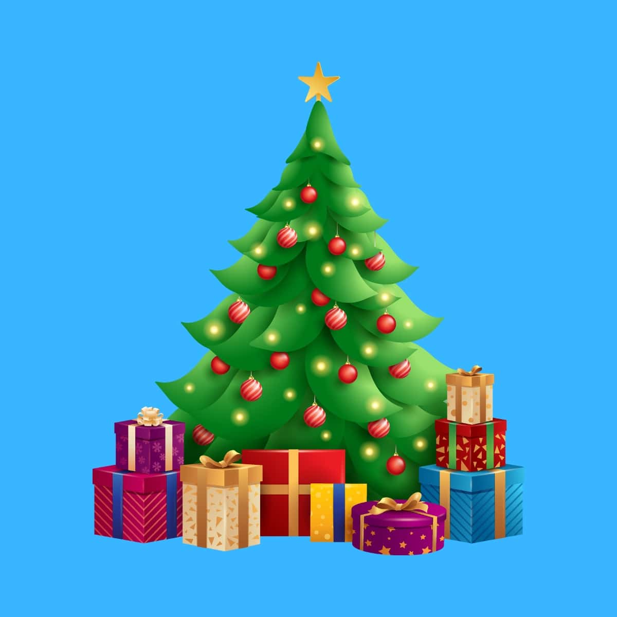 Cartoon graphic of a beautiful Christmas tree surrounded by presents on a blue background.