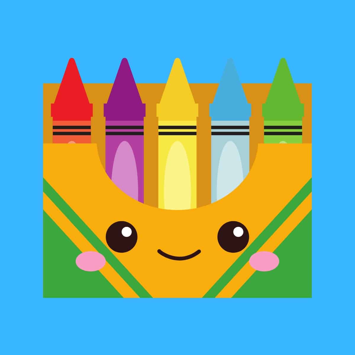Cartoon graphic of a smiling box of crayons on a blue background.