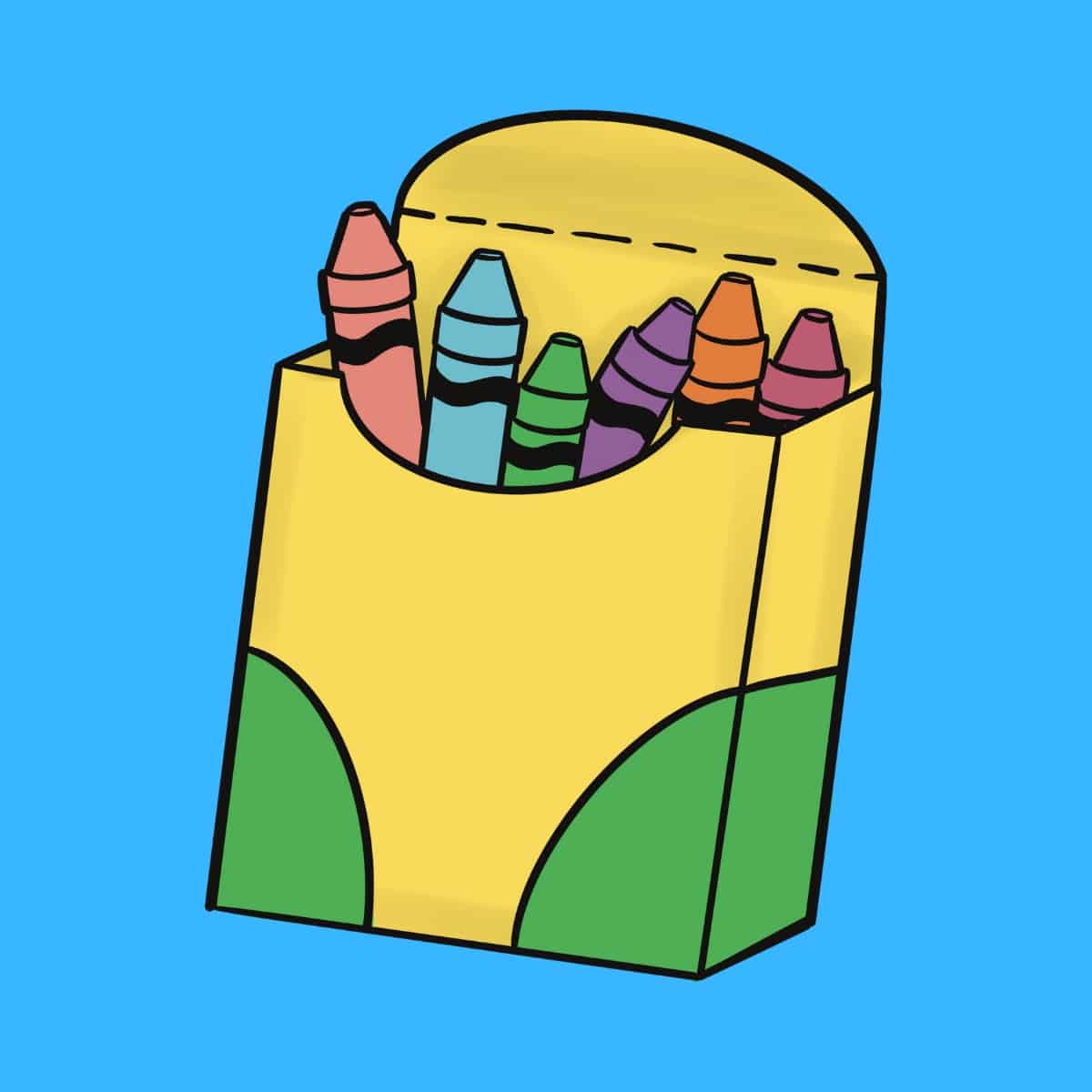 Cartoon graphic of a pack of crayons on a blue background.