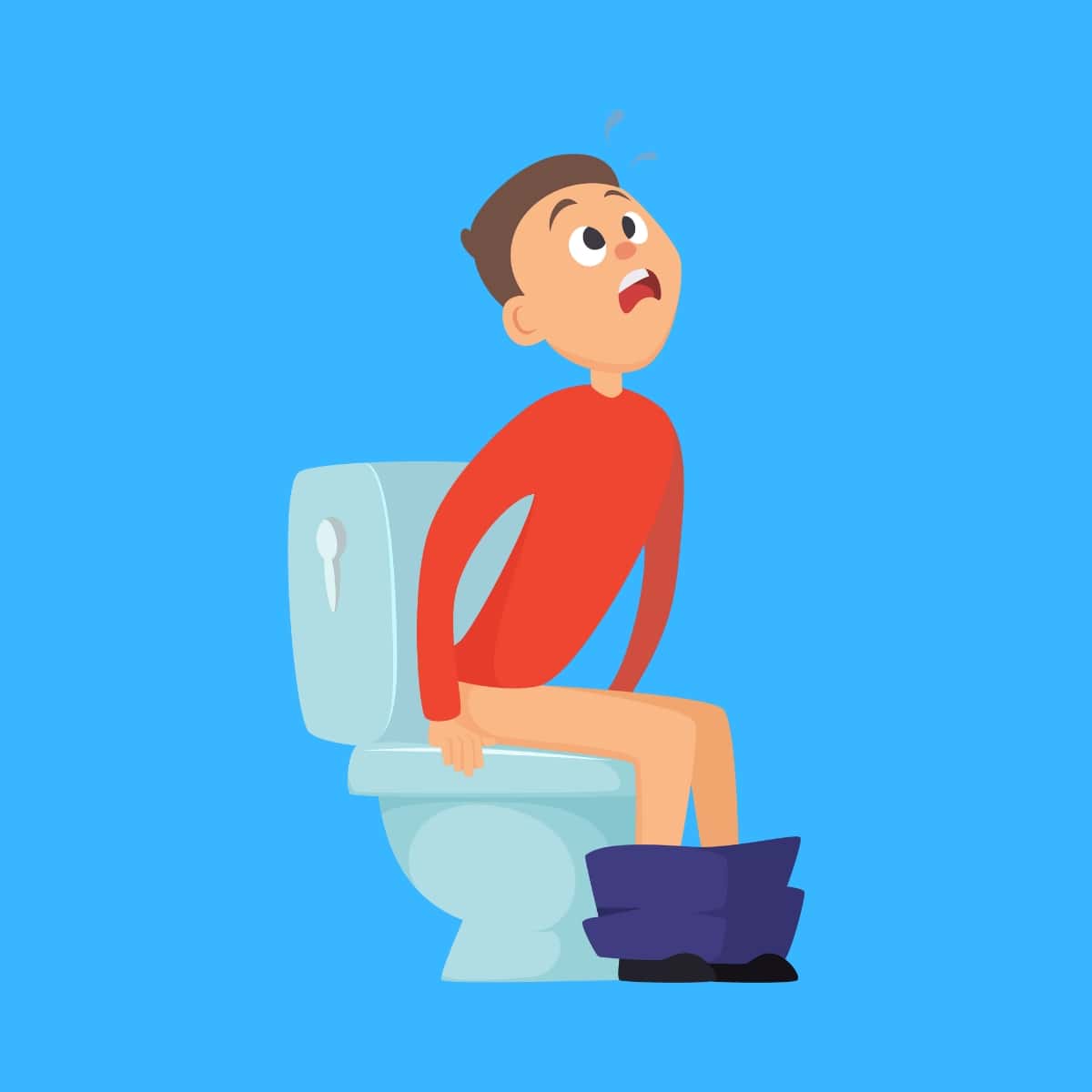 Cartoon graphic of a man ins a red shirt doing diarrhea on a toilet on a blue background.