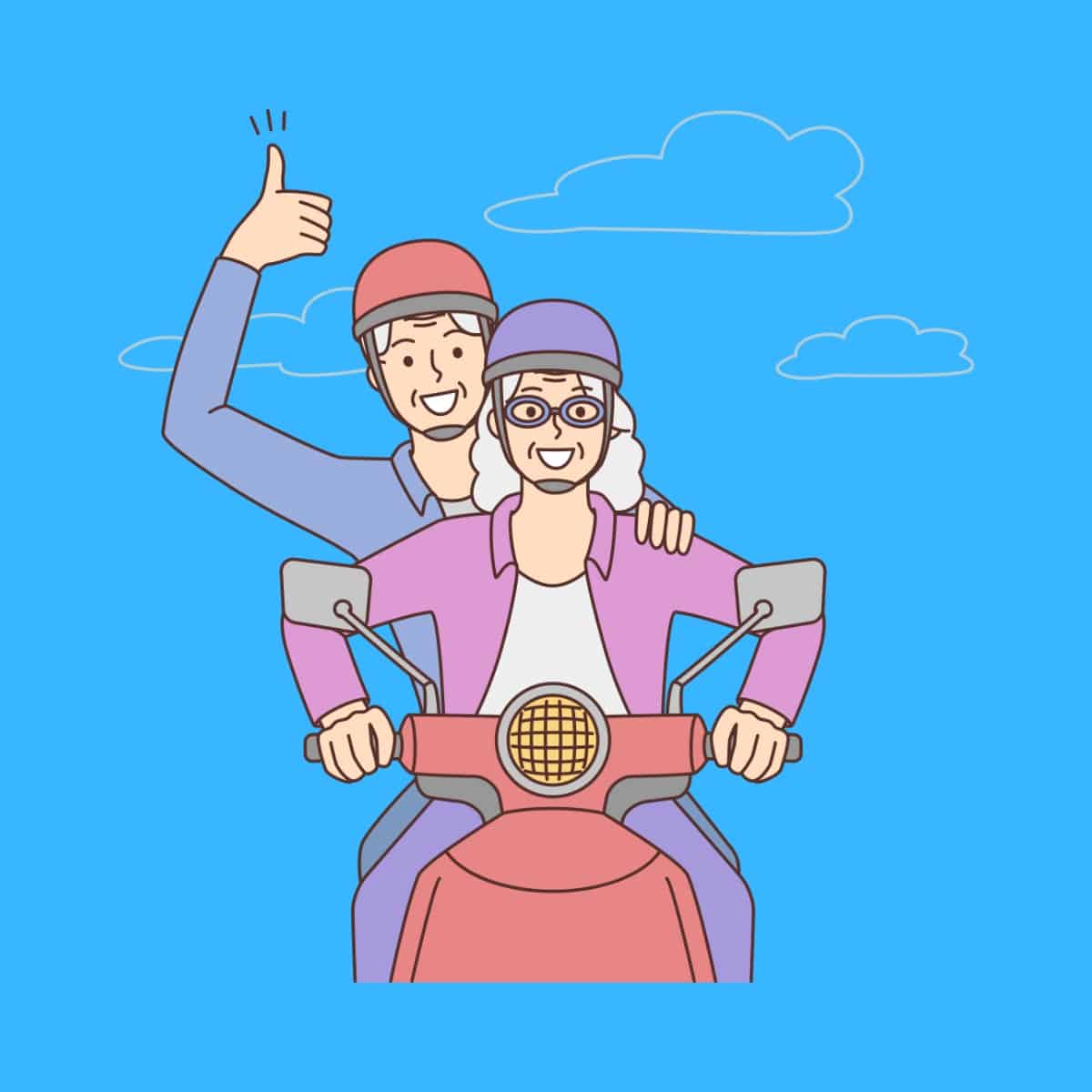 Cartoon graphic of a woman driving a scooter and a man behind her on it doing the thumbs up on a blue background.