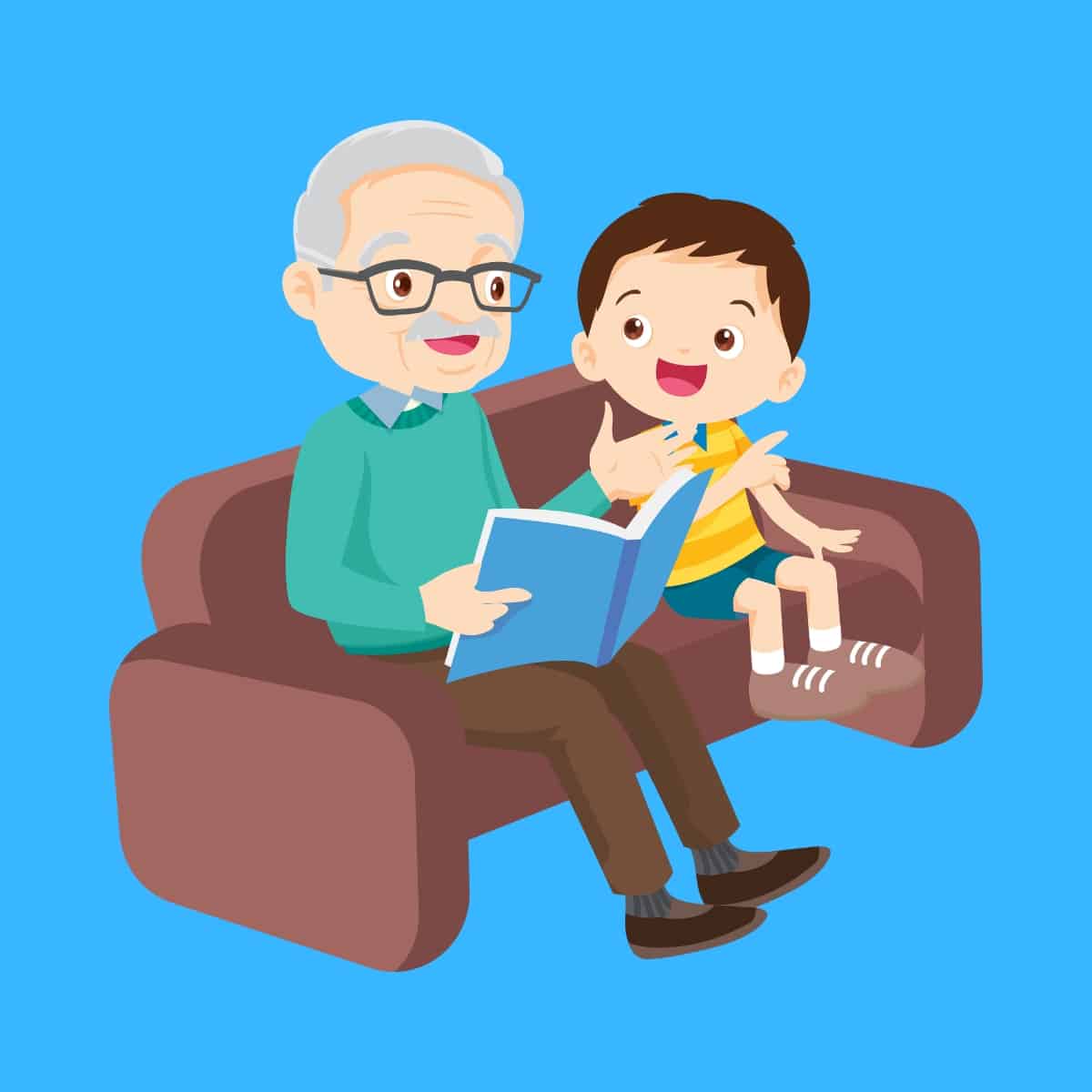 Cartoon graphic of a grandpa reading a book to his grandson on a blue background.