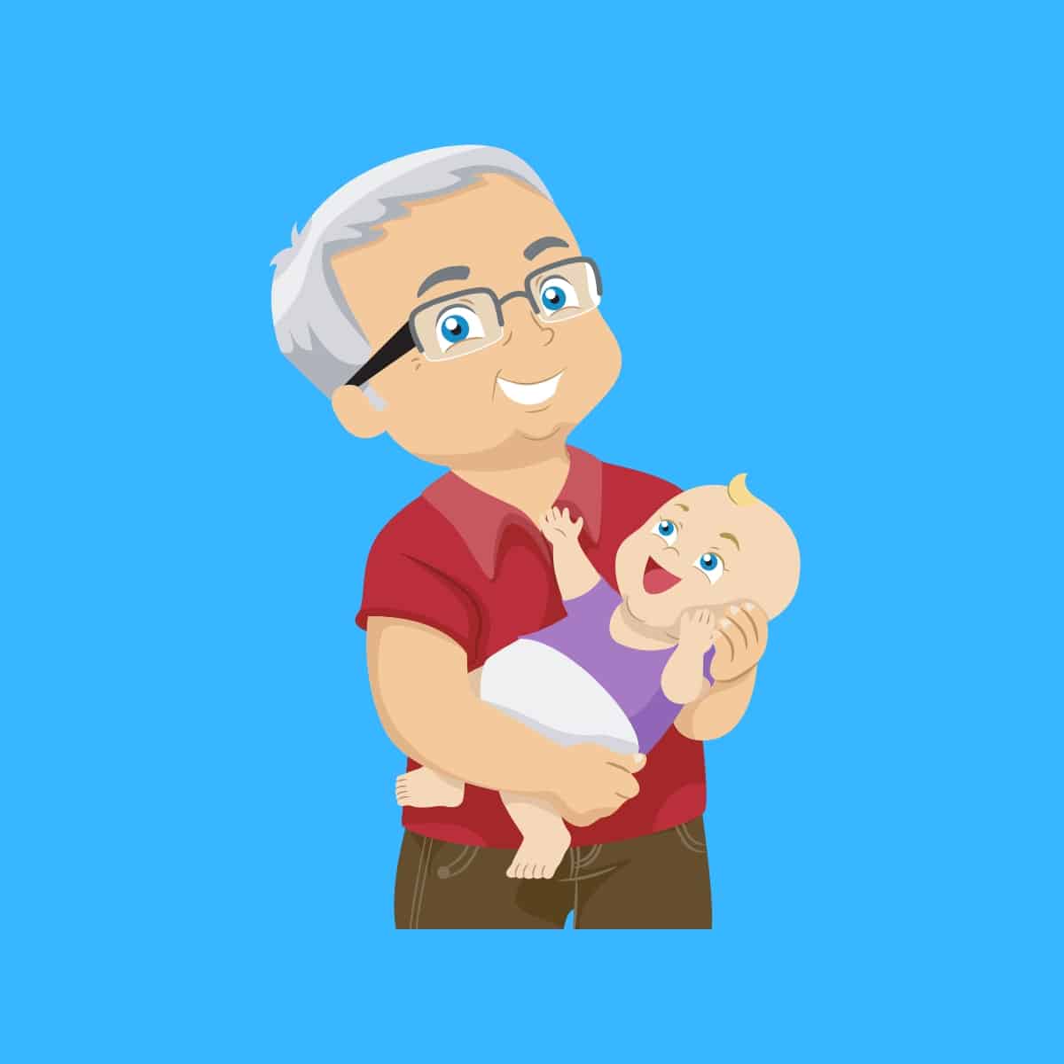 Cartoon graphic of a grandpa holding his grandchild on a blue background.