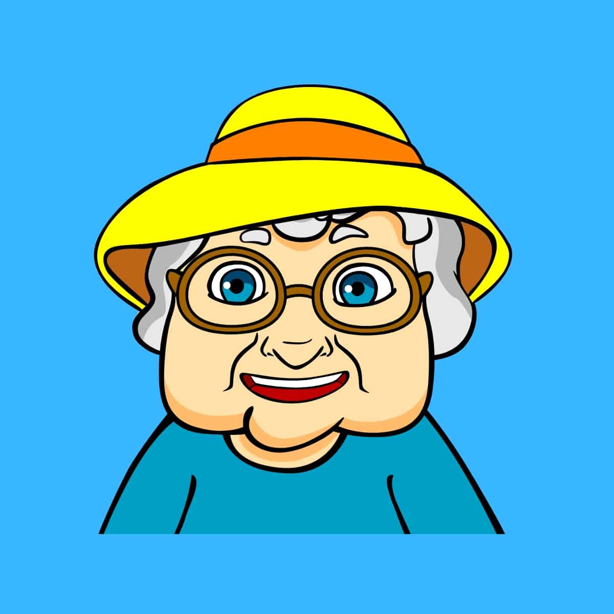 Cartoon graphic of a grandma with a yellow hat smiling on a blue background.