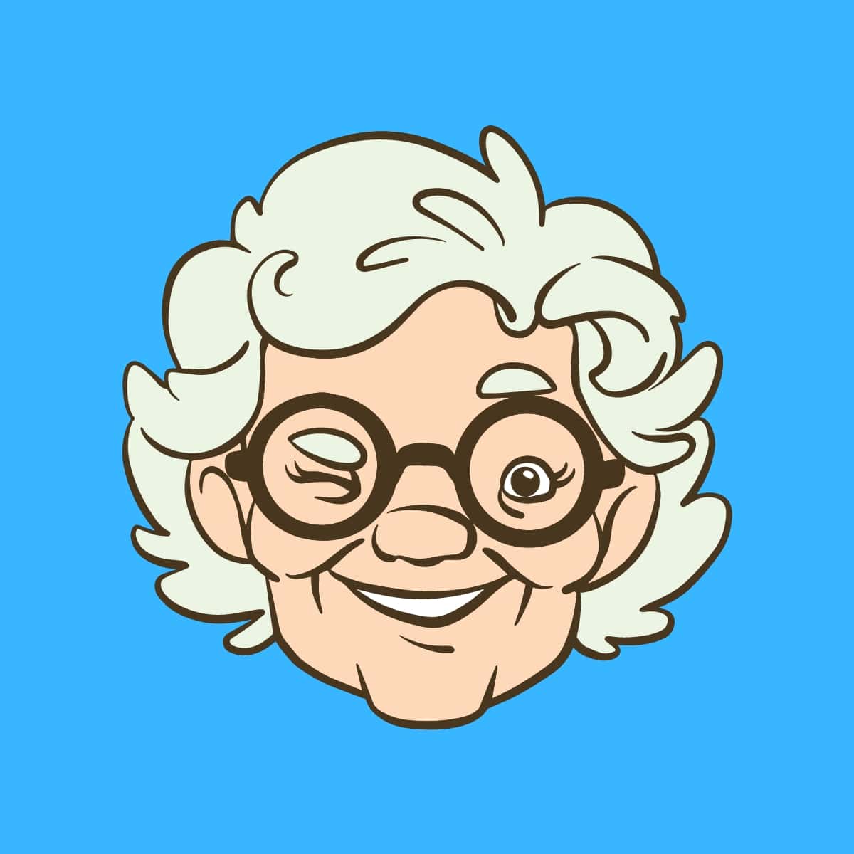 Cartoon graphic of a grandma's face winking and smiling on a blue background.