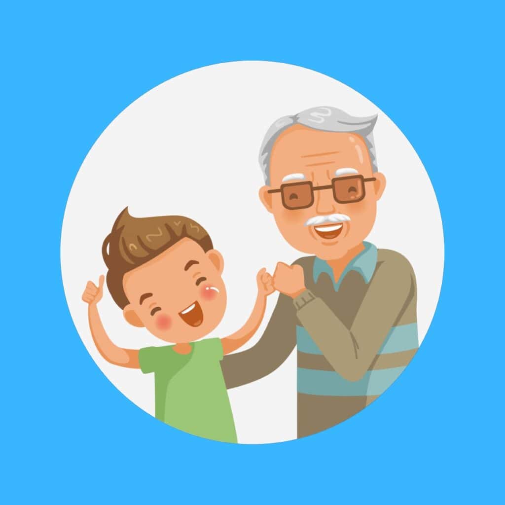 Cartoon graphic of a grandpa and his grandson laughing together on a blue background.