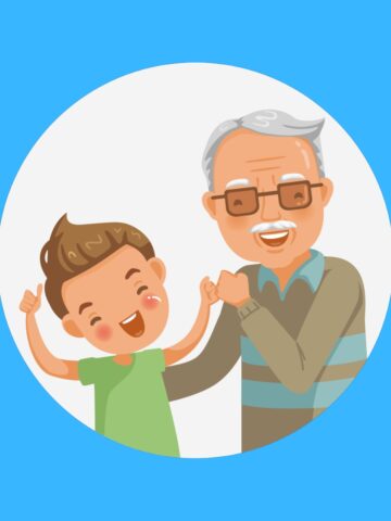 Cartoon graphic of a grandpa and his grandson laughing together on a blue background.