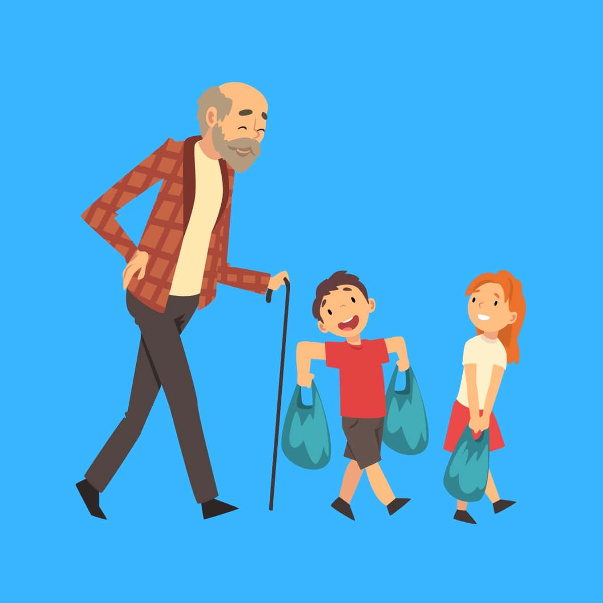 Cartoon graphic of a grandpa walking with a cane and his two grand children who are carrying shopping bags on a blue background.
