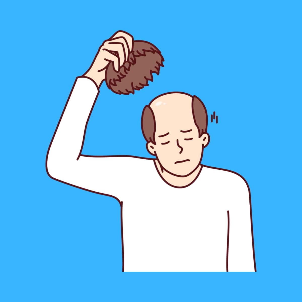 Cartoon graphic of a sad man lifting a toupee off the top of his bald head on a blue background.