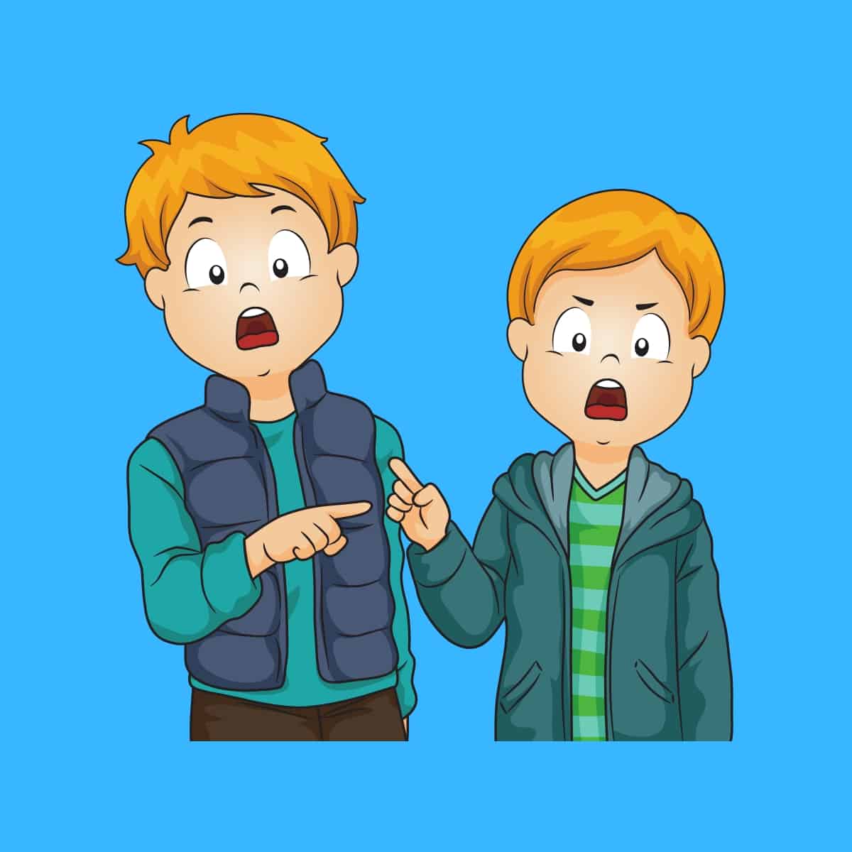 Cartoon graphic of two brothers pointing at each other arguing on a blue background.