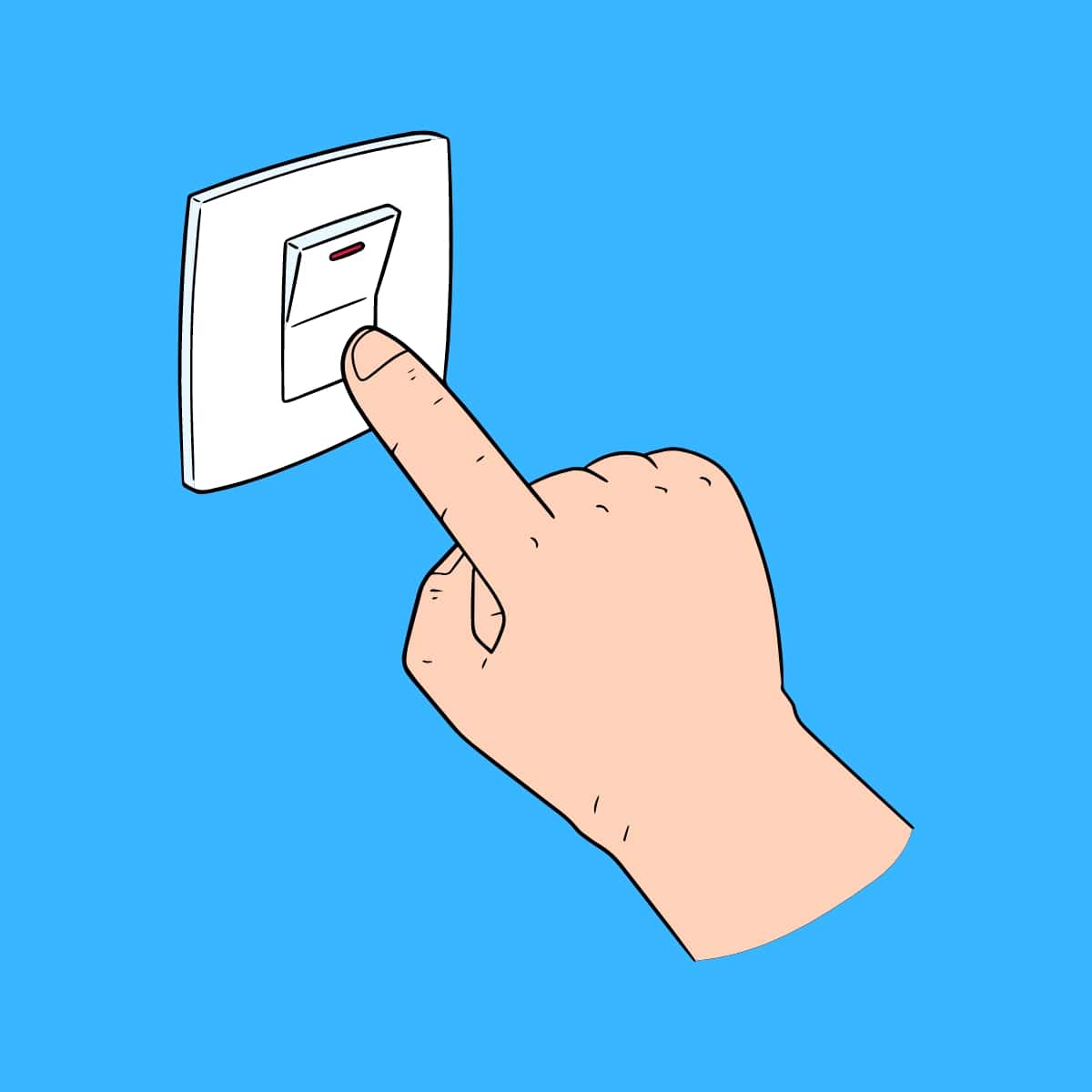 Cartoon graphic of a hand pushing a button switch on a blue background.