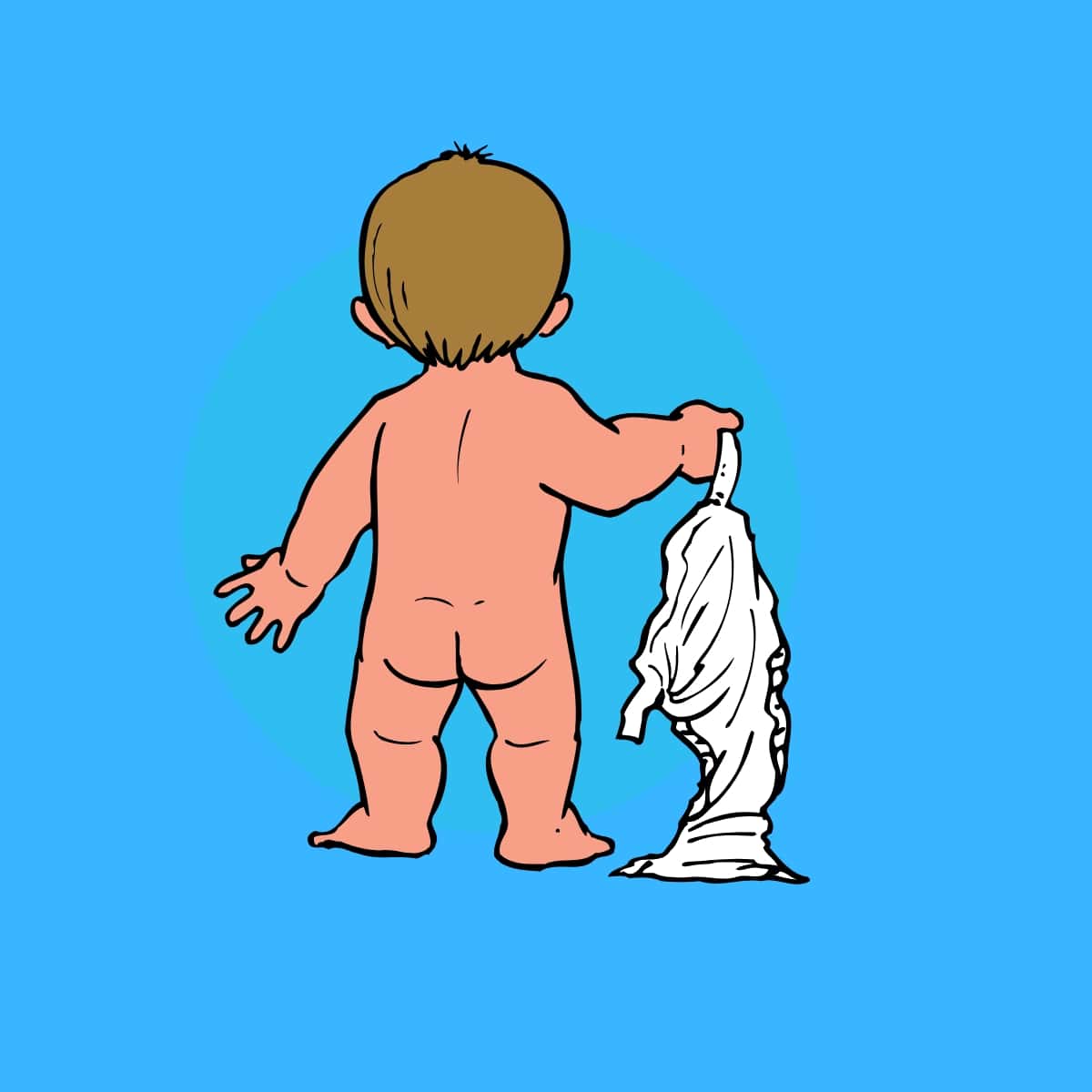 Cartoon graphic of a toddler holding his nappy and walking away while naked on a blue background.