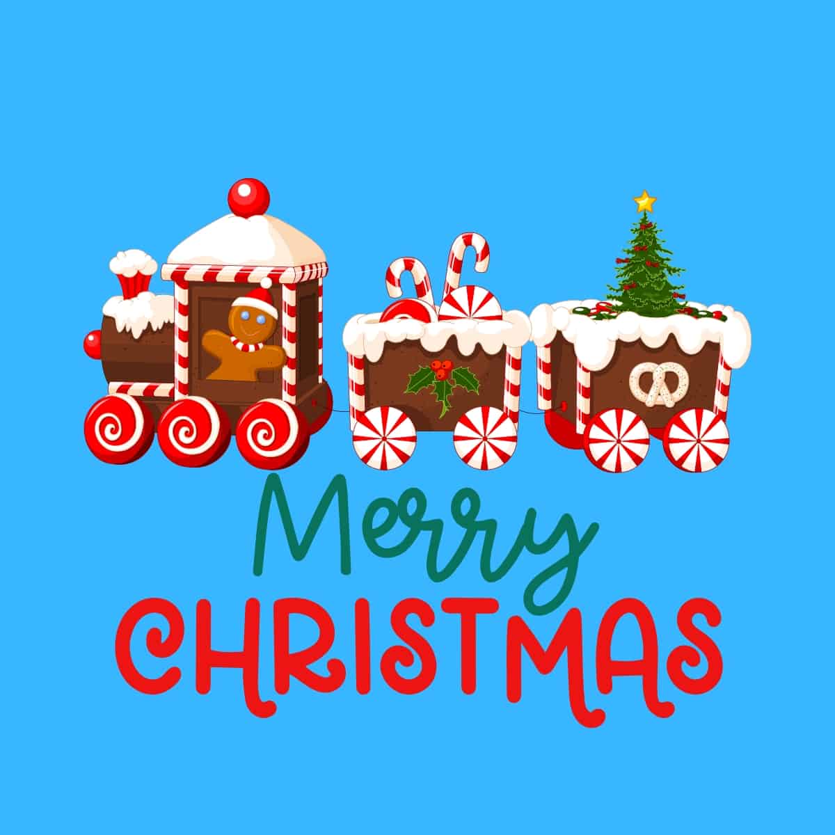 Cartoon graphic of the words Merry Christmas below a gingerbread train on a blue background.