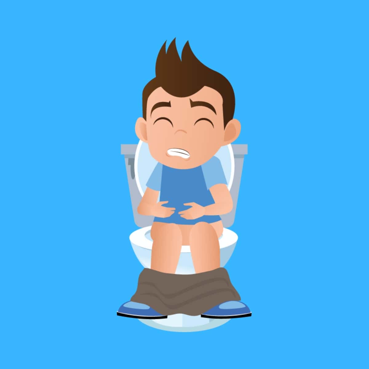 Cartoon graphic of a boy in a blue shirt doing diarrhea on a toilet on a blue background.