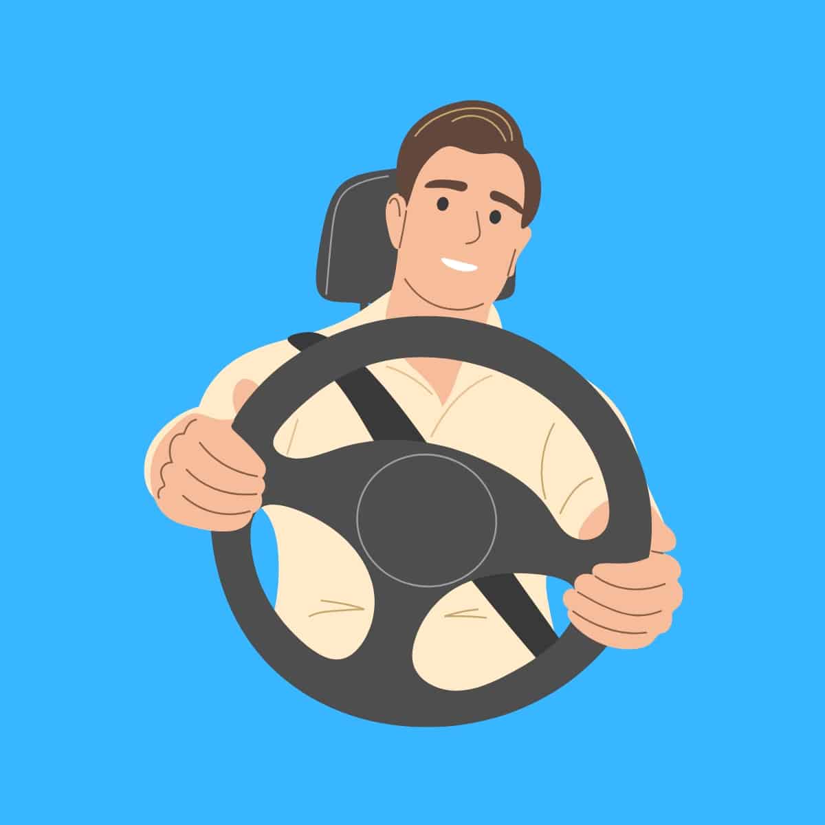 Cartoon graphic of a man holding a steering wheel to drive on a blue background.